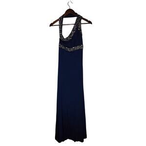 Beata Studio Navy Blue Beaded Cross Shoulder Maxi Prom Dress
